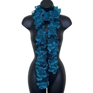 Vintage Blue Chunky Long Skinny Scarf Gold Metallic Sequins Y2K Boho Chic Fairy‎